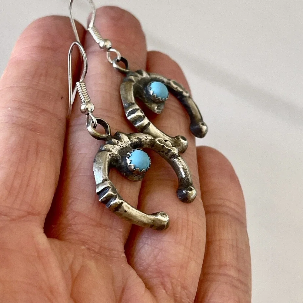 Navajo Naja Earrings Turquoise 1.75in Signed CY Sterling‎ Matte Hook Dangle